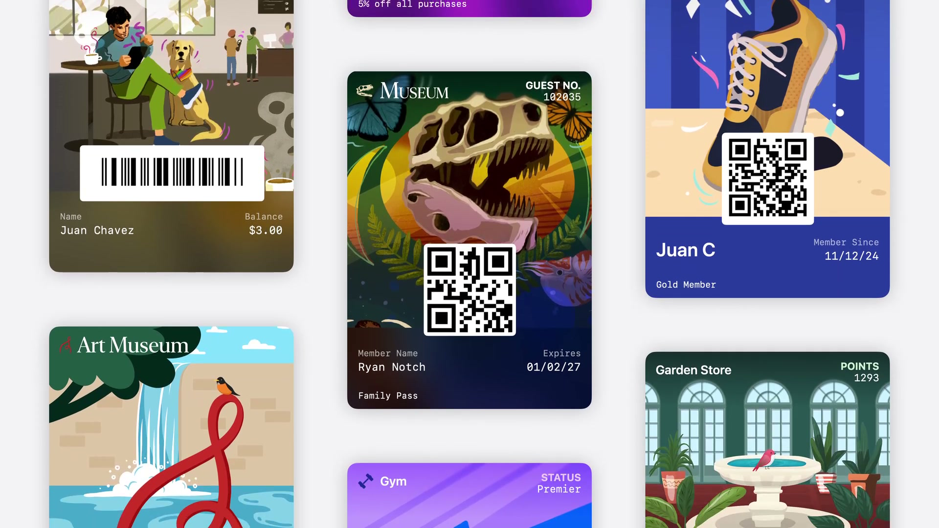 Apple's gallery of Poster Generic passes from WWDC26 session 209: loyalty, museum, sneaker-club, and garden-store cards with full-bleed artwork and barcodes