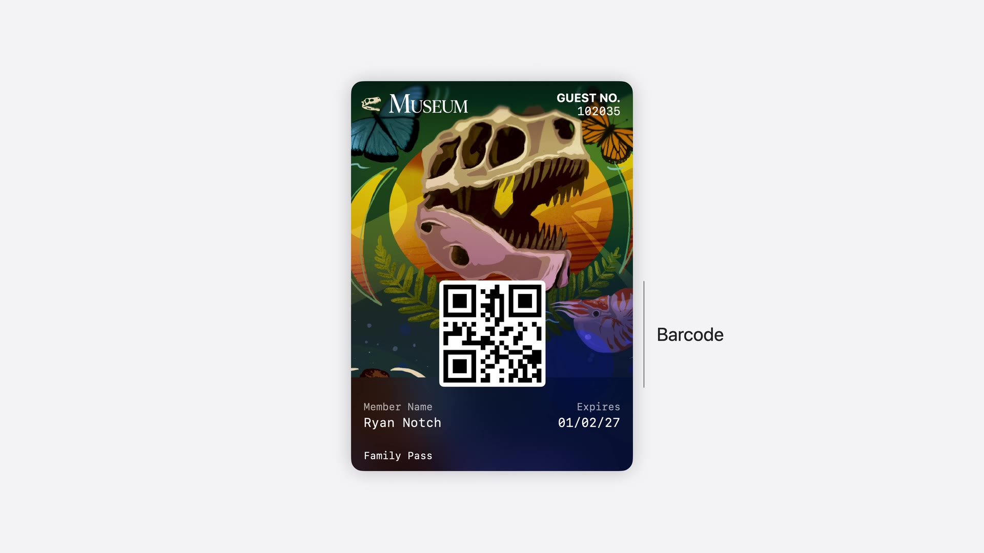 Apple's Poster Generic example from WWDC26 session 209: a museum membership pass with full-bleed illustrated artwork, guest number, member name, and QR code