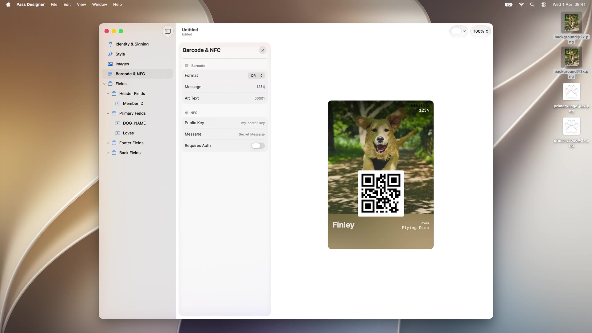 Pass Designer running on macOS: sidebar with Identity & Signing, Style, Images, Barcode & NFC, and Fields, with a live preview of a membership pass