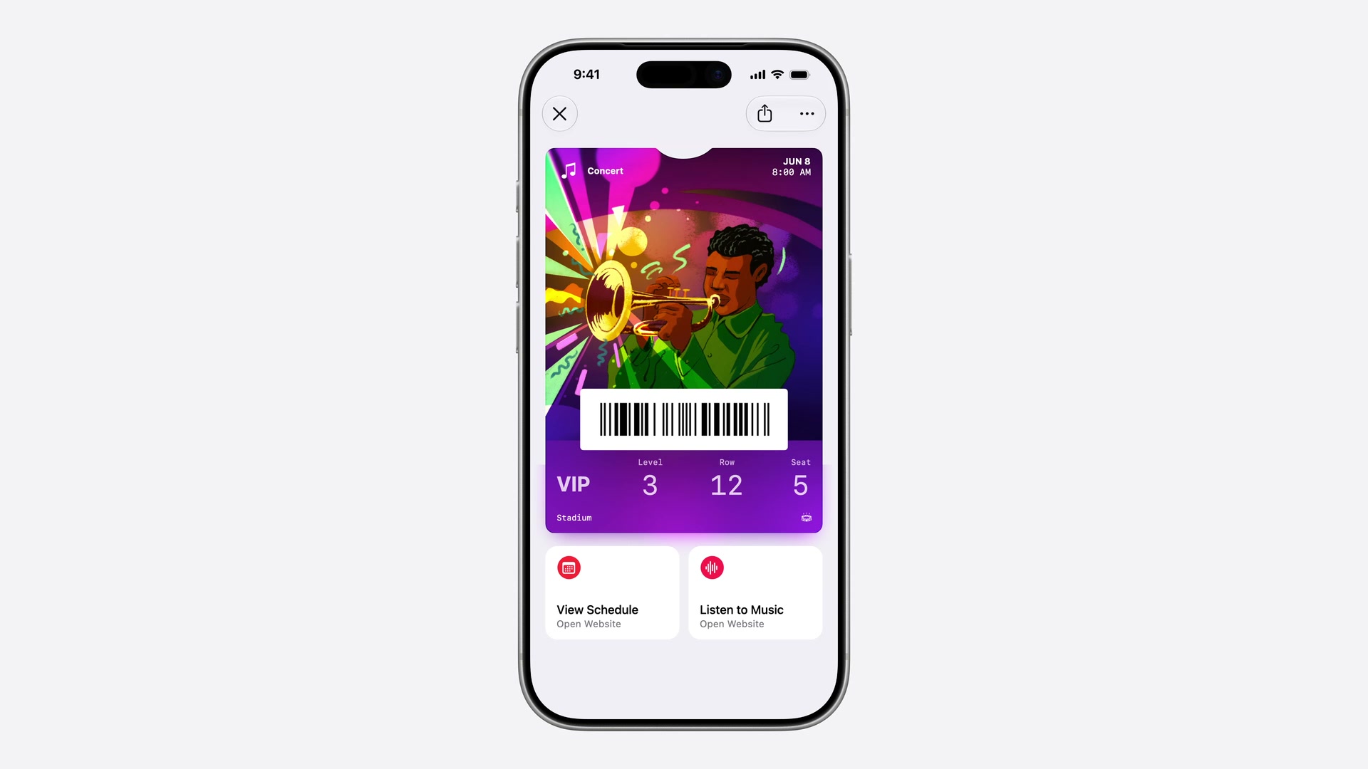 Apple's WWDC26 session 209 demo on iPhone: a concert ticket with its barcode and two Featured Action tiles, View Schedule and Listen to Music, below the pass